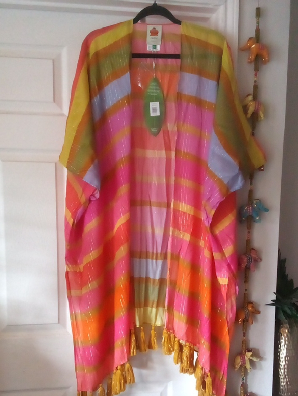 FARM RIO Striped Tassel Hem Lightweight Kimono - Bright Multi